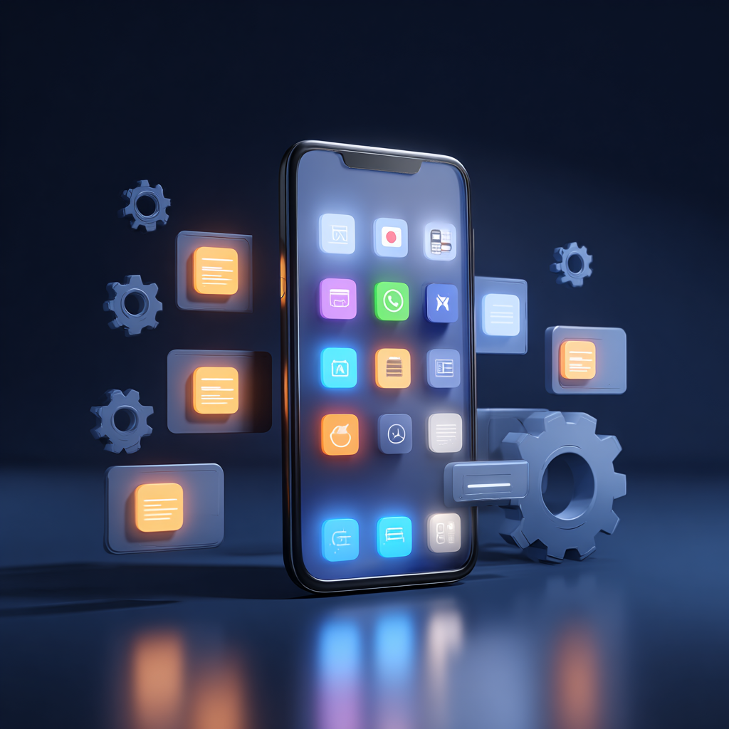 3D illustration of smartphone with app icons representing iOS app development