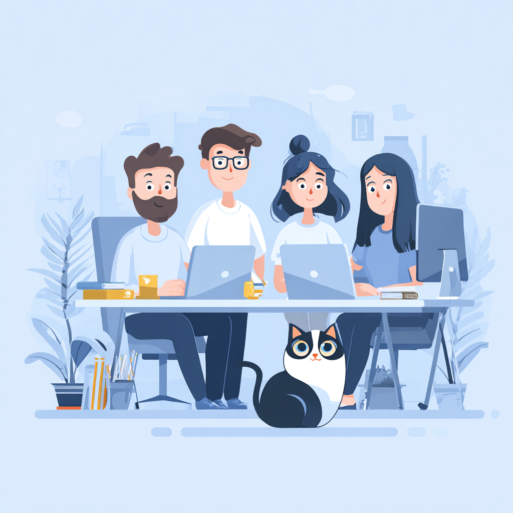 Illustration of a creative digital team working together, inspired by the tuxedo cat Mika, the story behind Mikson Core